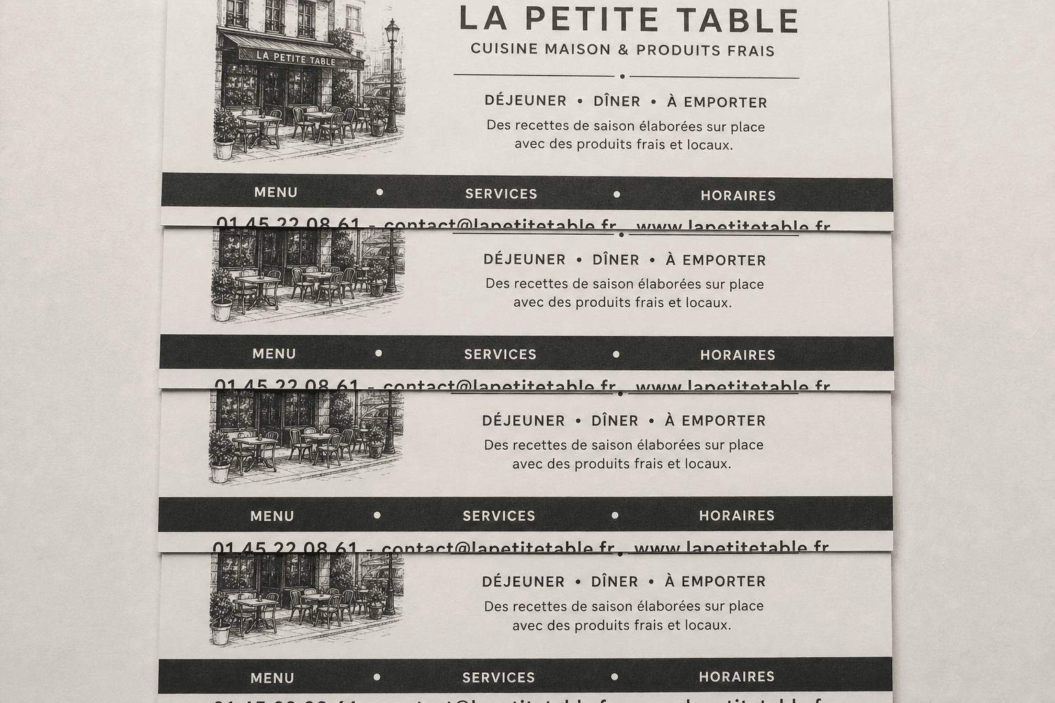 Quatre exemplaires d'un flyer de restaurant fraîchement imprimés : sur chacun, la ligne du numéro de téléphone est coupée en deux par la découpe.